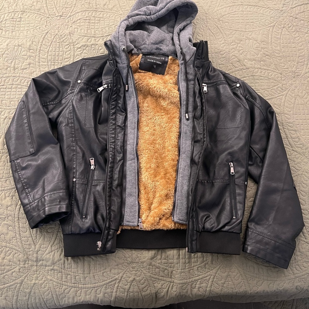 Black Faux Leather Jacket with Gray Hoodie